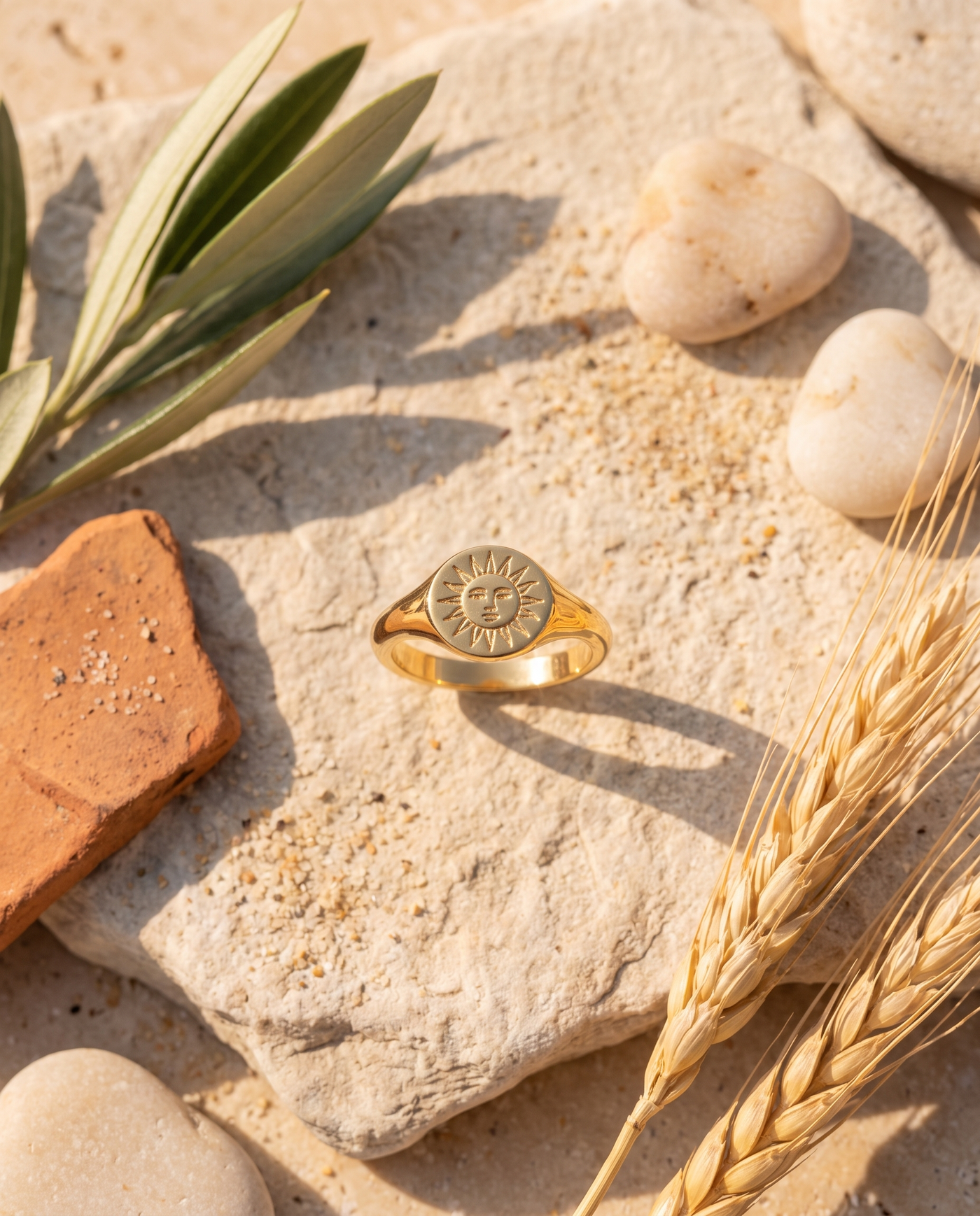 Solare Signet Ring styled flat-lay with Mediterranean props