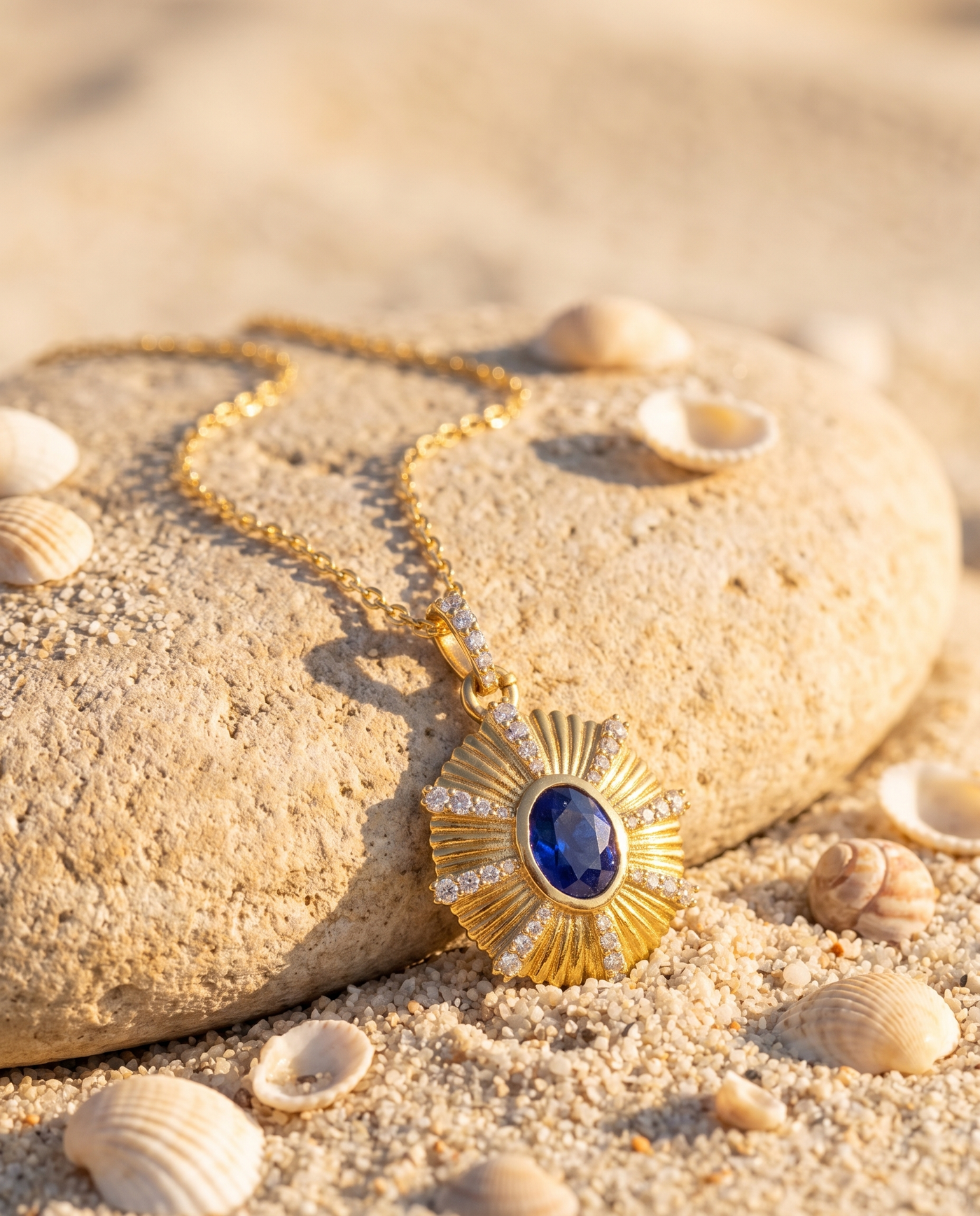 The Zenia Pendant on an Aegean beach stone at golden hour