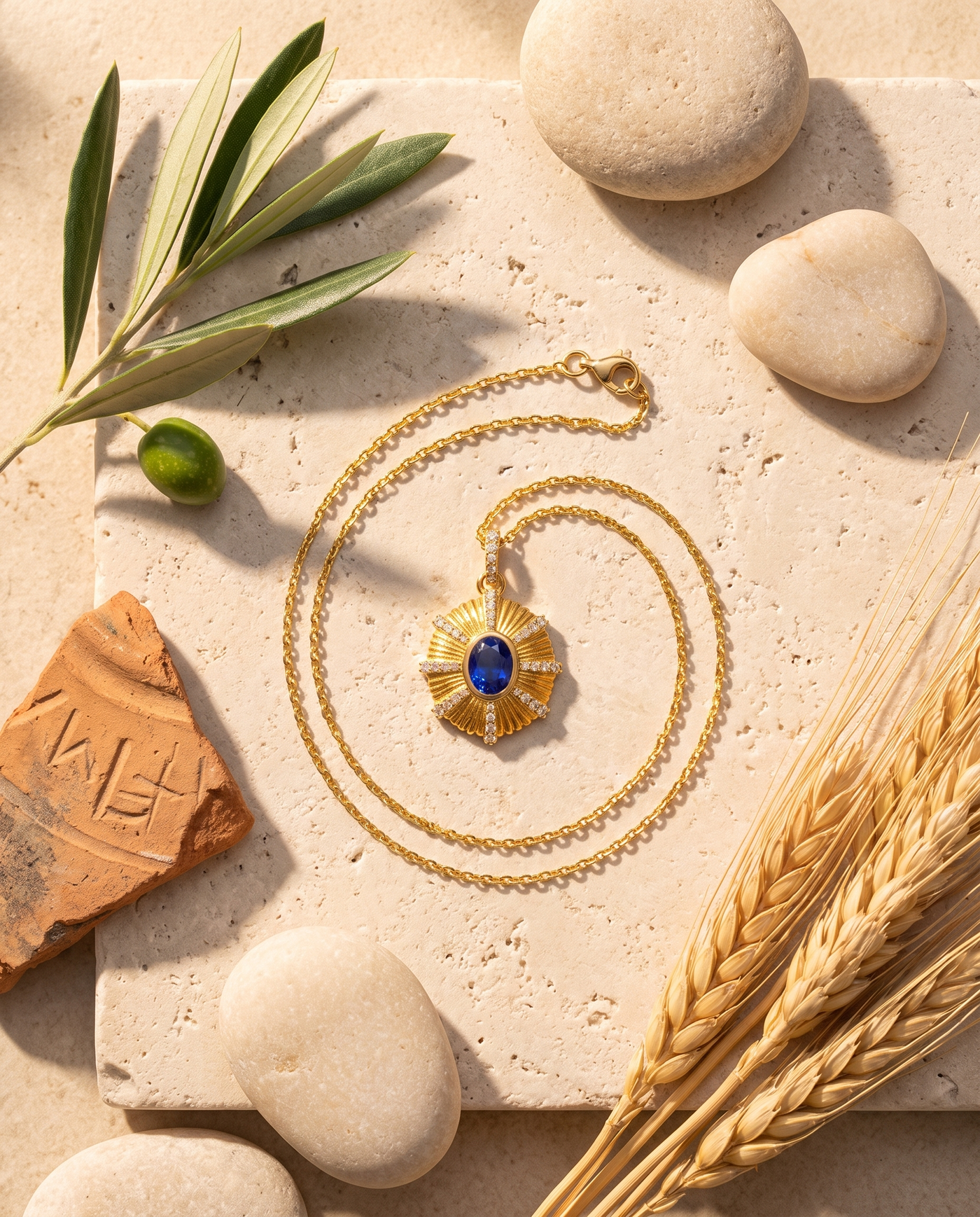 The Zenia Pendant styled flat-lay with Mediterranean props