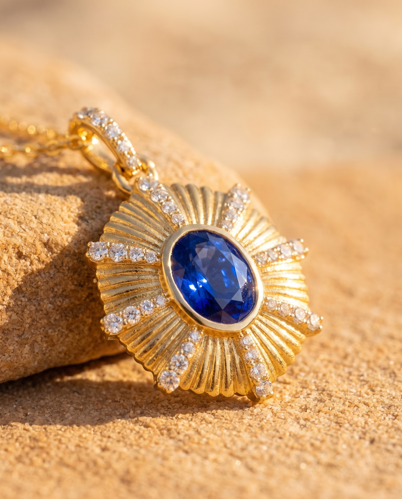 The Zenia Pendant macro detail of sapphire and diamonds
