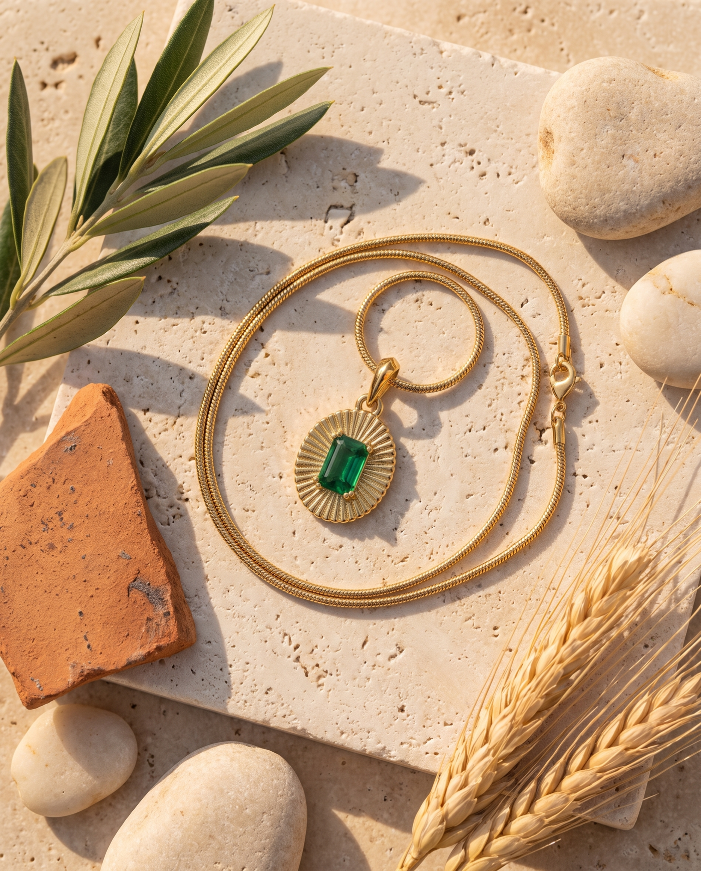 Emerald Sunburst Pendant styled flat-lay with Mediterranean props