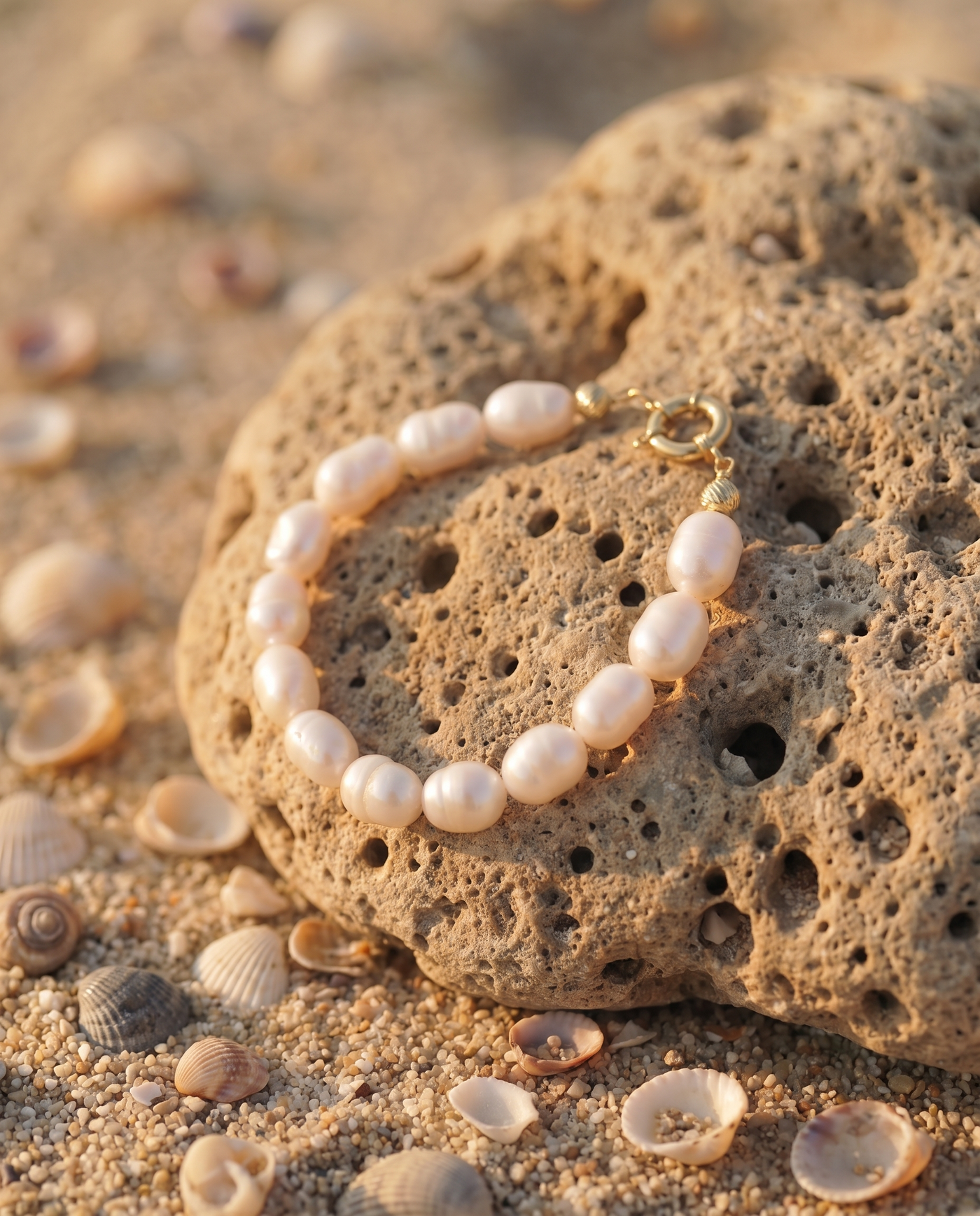 Mediterranean Pearl Bracelet coiled on an Aegean beach stone at golden hour