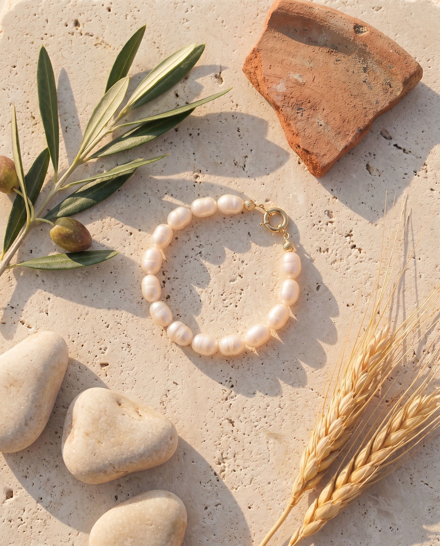 Mediterranean Pearl Bracelet styled flat-lay with Mediterranean props