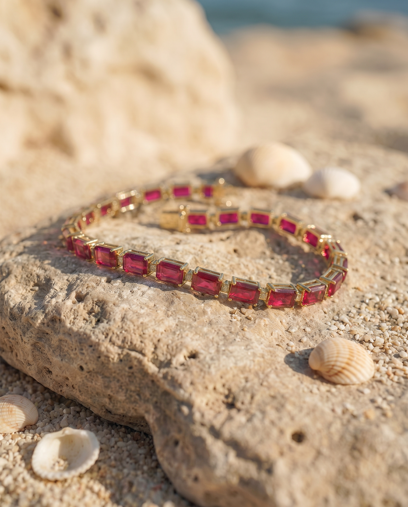 Mykonos Tennis Bracelet Ruby coiled on an Aegean beach stone at golden hour