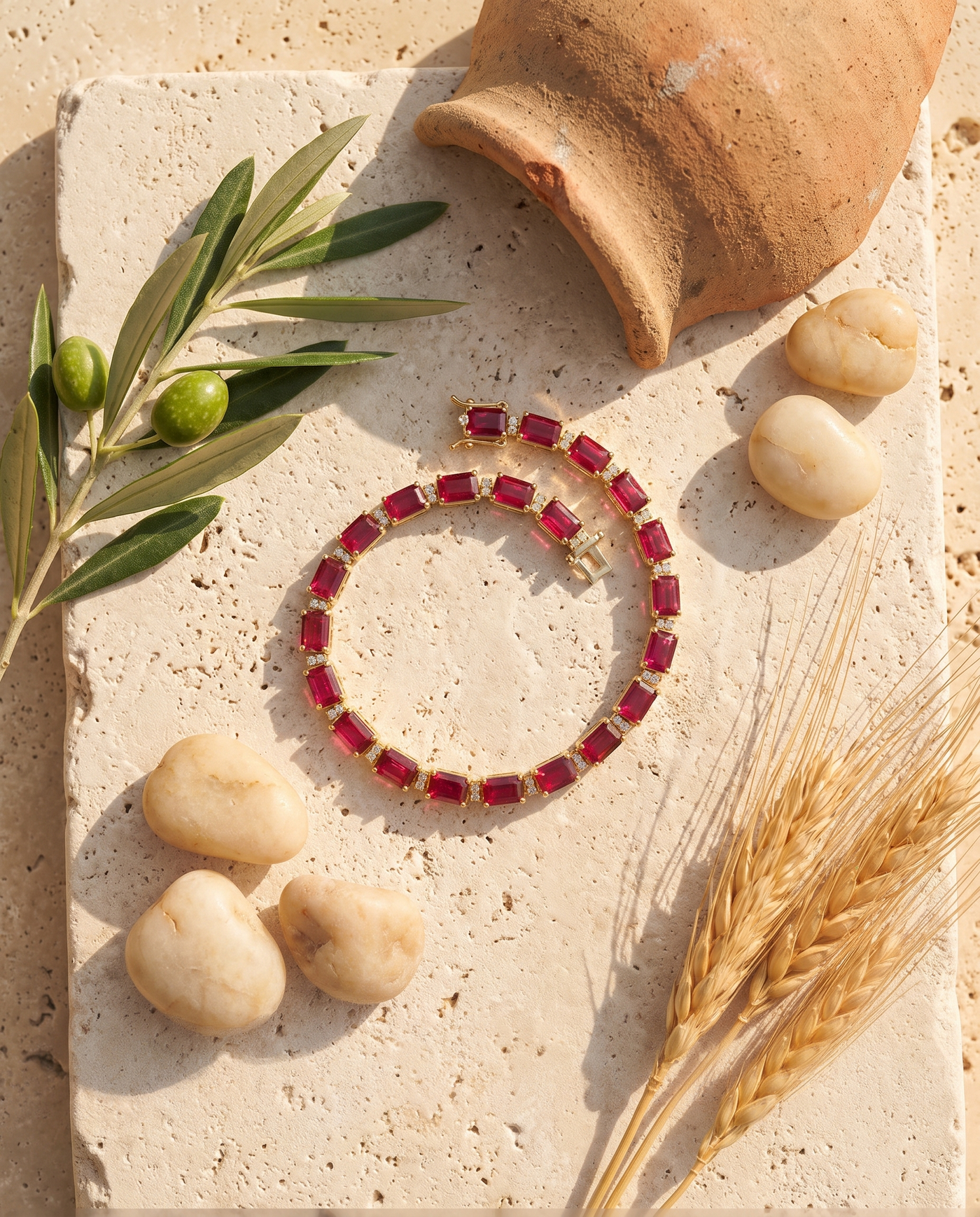 Mykonos Tennis Bracelet Ruby styled flat-lay with Mediterranean props