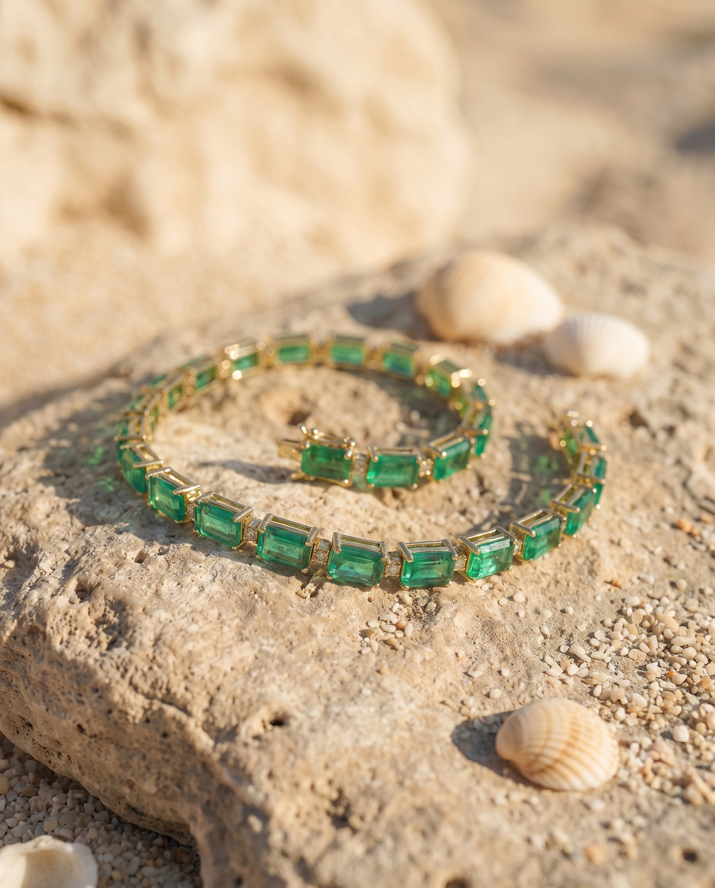 Mykonos Tennis Bracelet Emerald coiled on an Aegean beach stone at golden hour