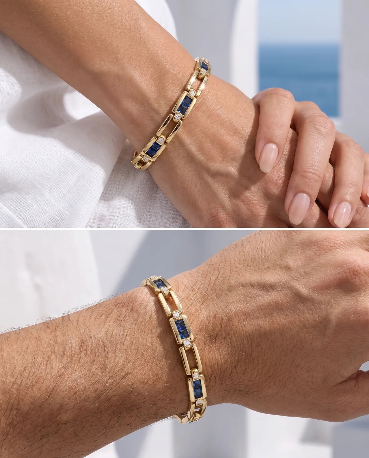 Kastro Bracelet in 14k yellow gold, alternating open rectangular links with channel-set blue sapphire bars capped by bezel diamonds, shown worn on a woman's wrist above and a man's wrist below