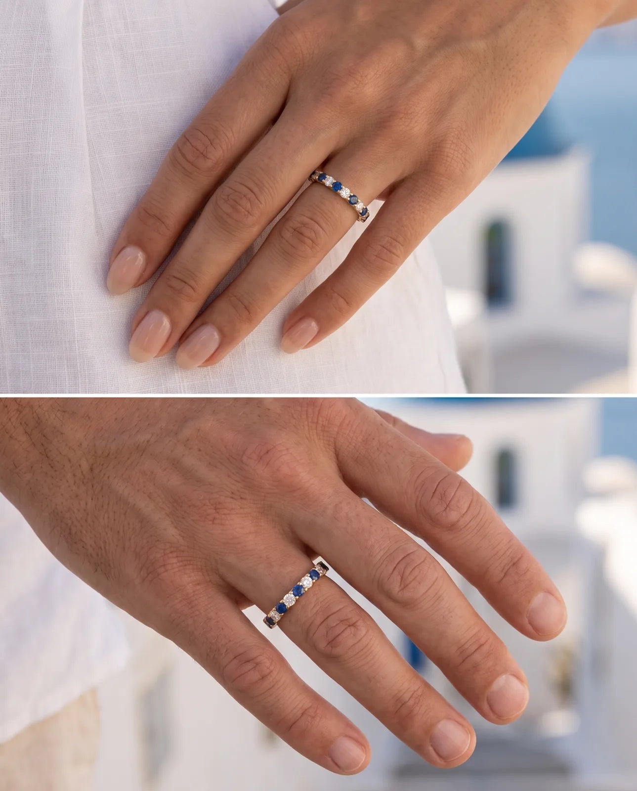 Kyma Band in 14k yellow gold, a half-eternity band alternating round blue sapphires and white diamonds across the crown, worn on the middle finger of a woman's hand and a man's hand against blurred whitewashed Santorini architecture