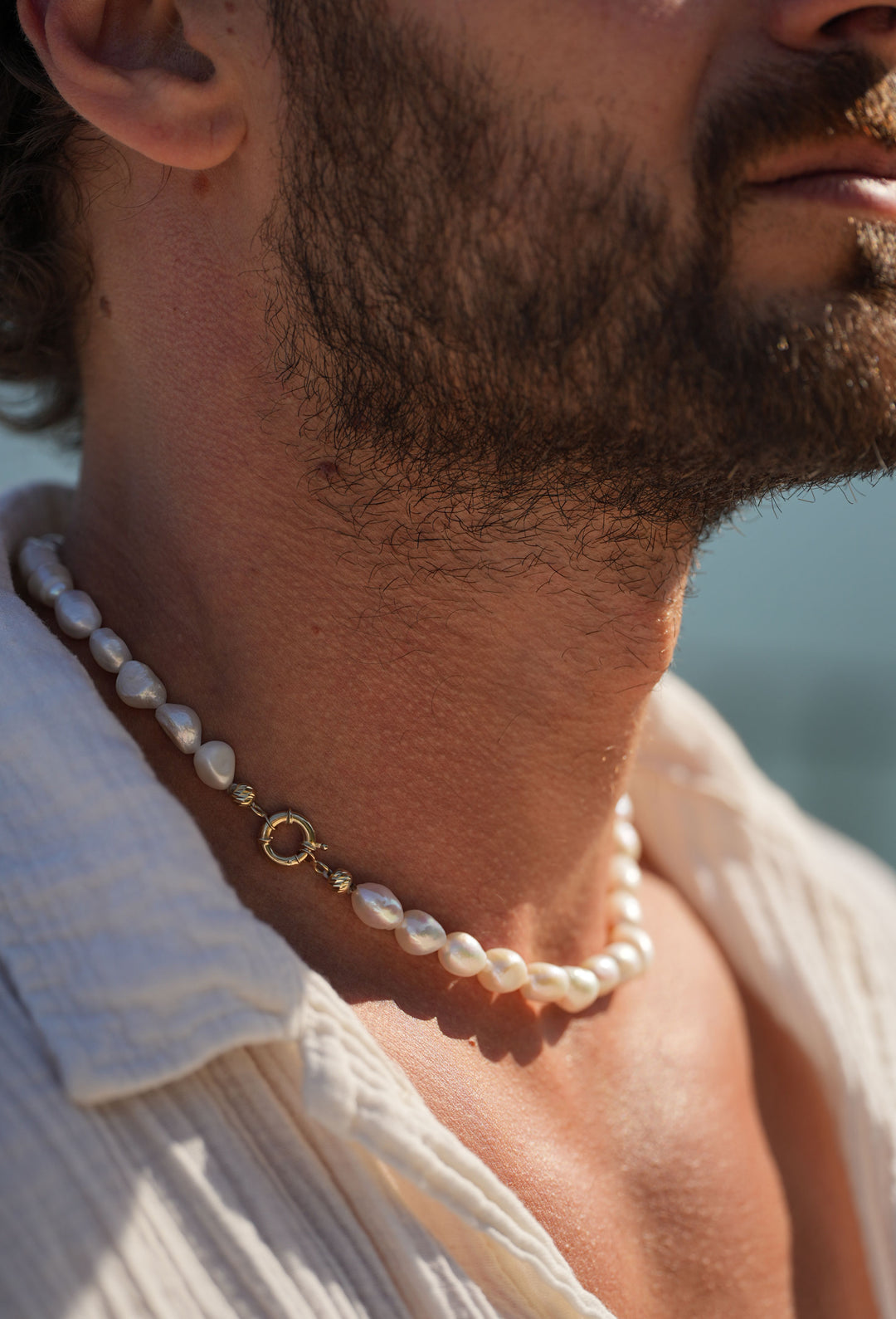 Mediterranean Pearl Necklace by O Collection — unisex freshwater pearl necklace with 14k gold findings, coastal-inspired fine jewelry