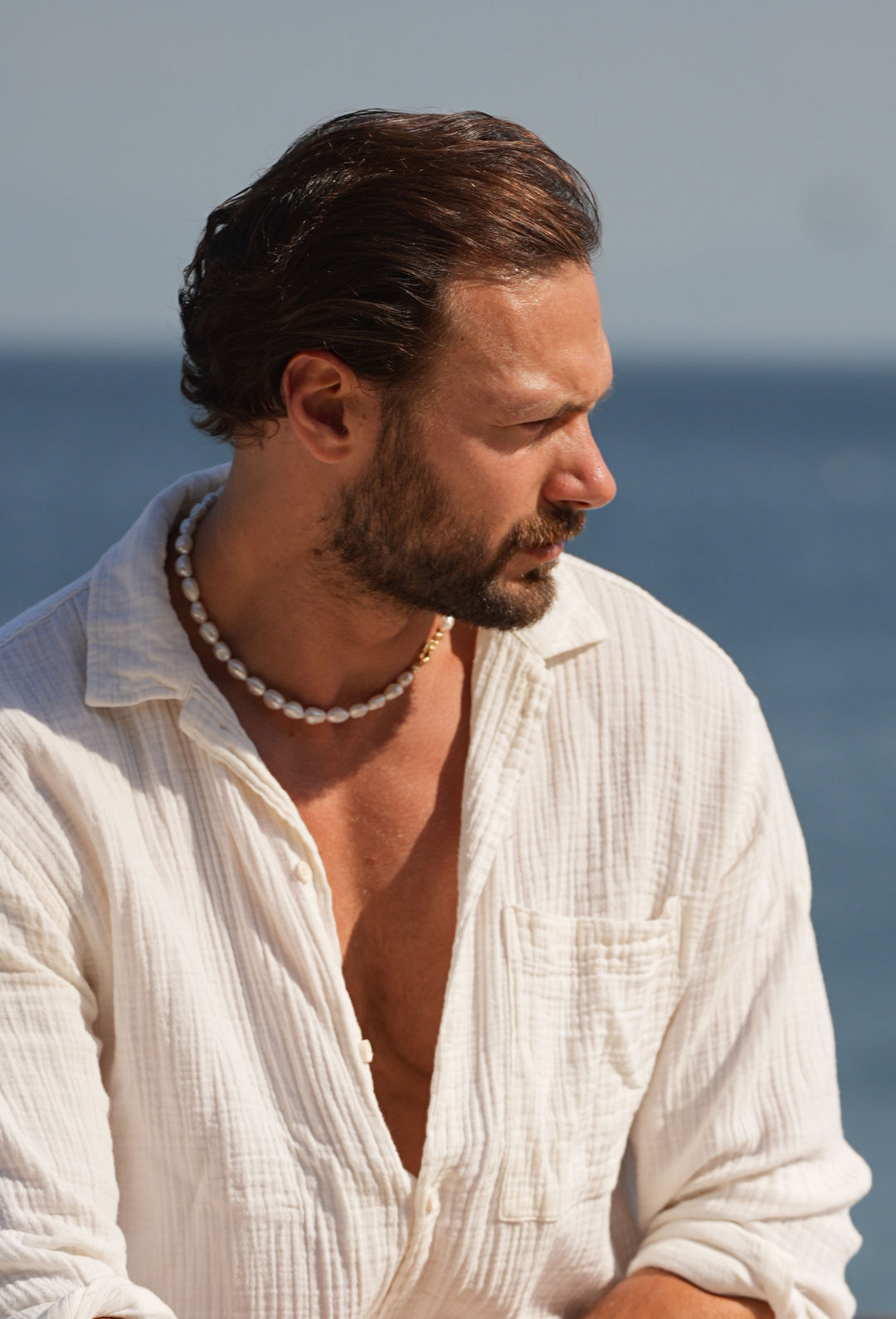 Mediterranean Pearl Necklace by O Collection — unisex freshwater pearl necklace with 14k gold findings, coastal-inspired fine jewelry
