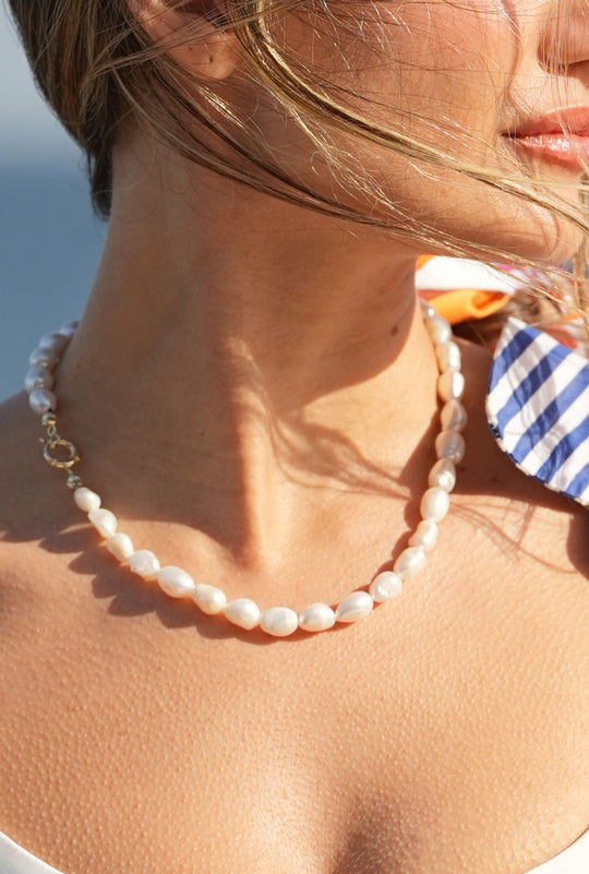 Mediterranean Pearl Necklace by O Collection — unisex freshwater pearl necklace with 14k gold findings, coastal-inspired fine jewelry