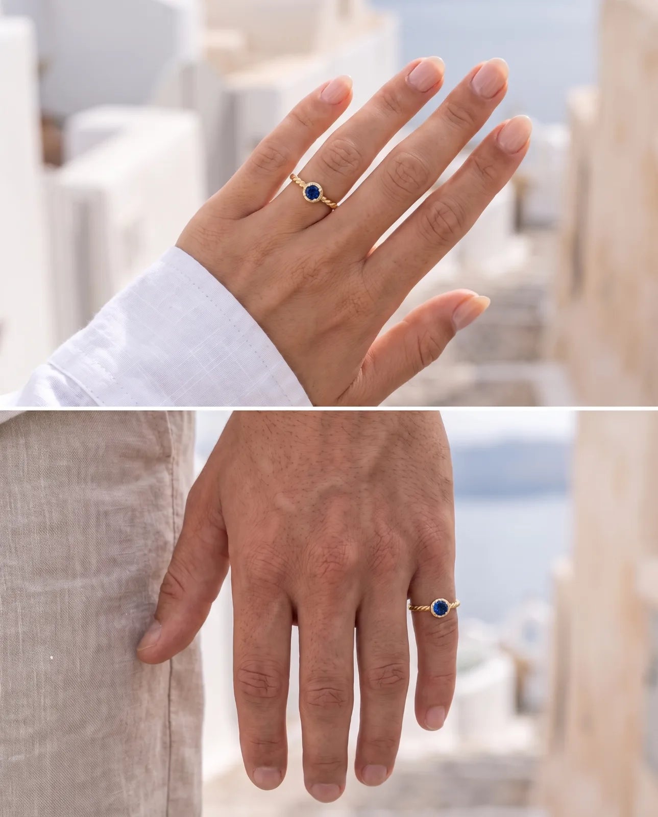 Meltemi Ring in 14k yellow gold, a round blue sapphire on a twisted rope band, shown worn on the hand from two angles against sunlit Santorini architecture and the sea for scale