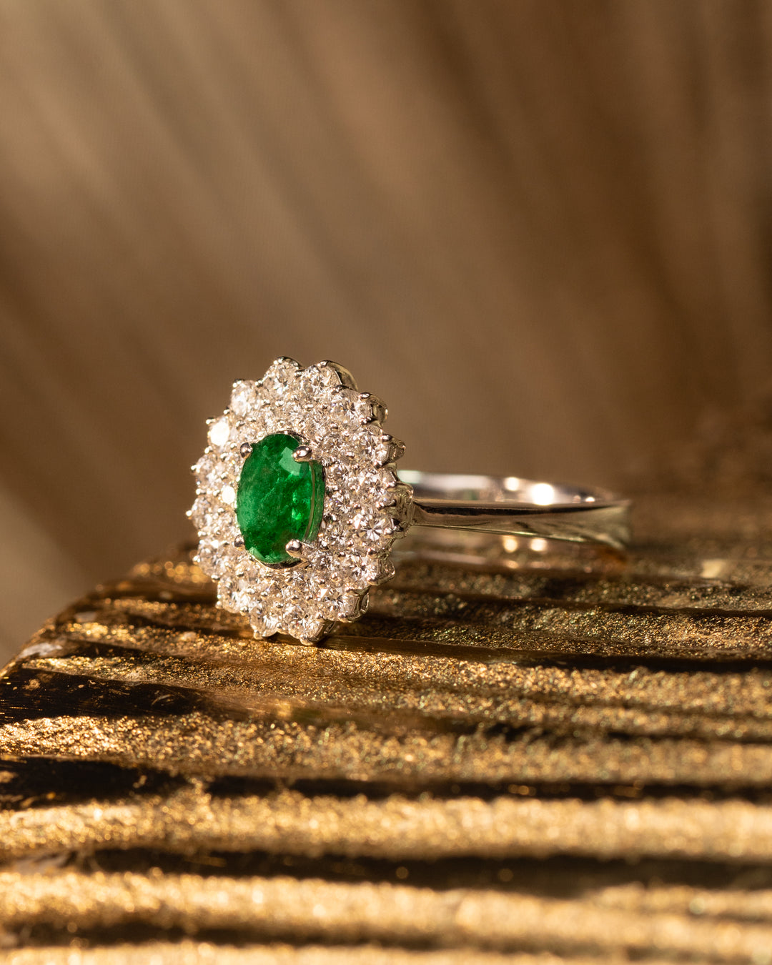 Bianca Ring by O Collection — white gold ring with oval emerald center and full diamond halo, timeless Mediterranean-inspired fine jewelry design