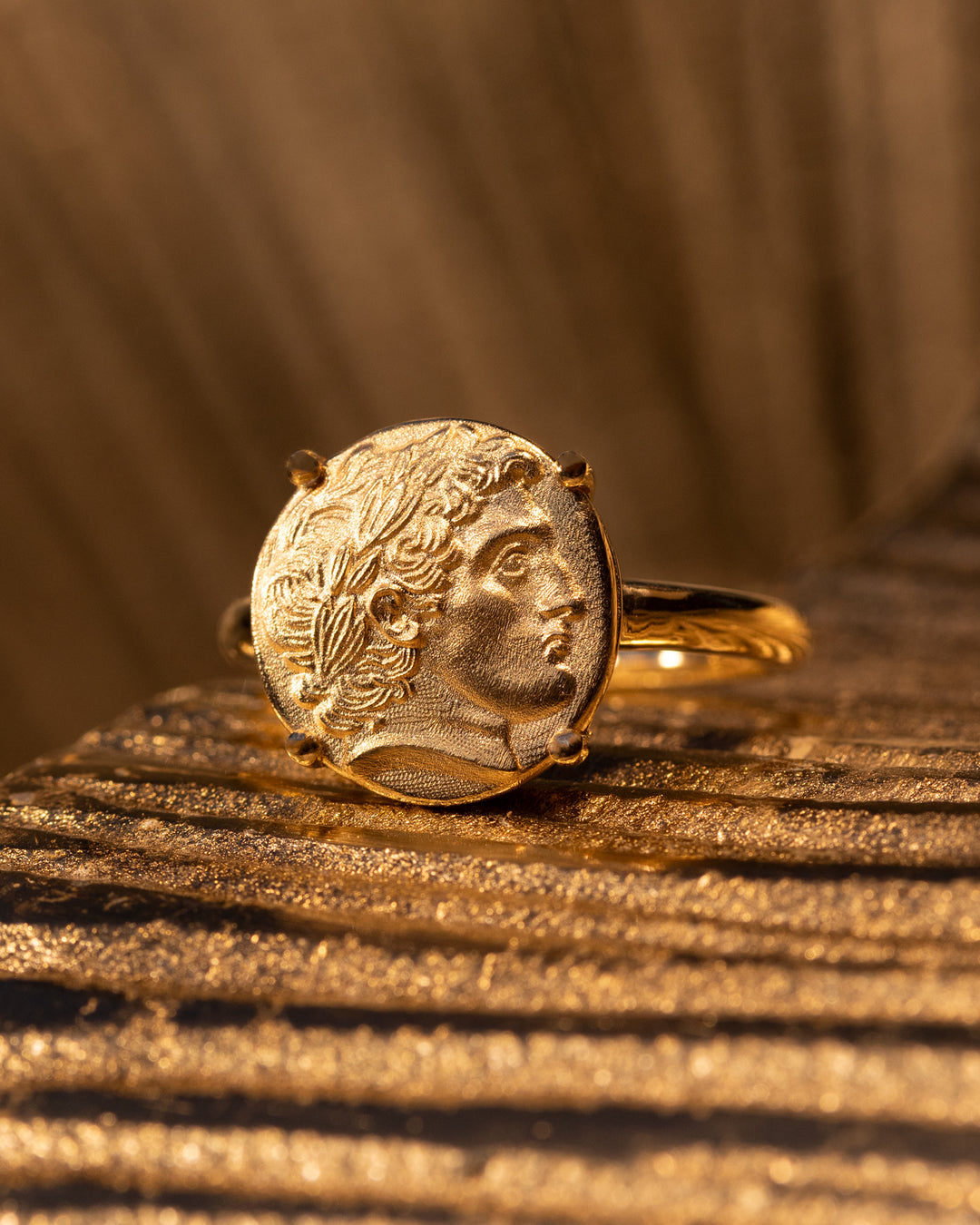 Alexander Ring by O Collection — 14k gold ring with ancient-style coin medallion and engraved profile of Alexander the Great, inspired by classical Mediterranean design