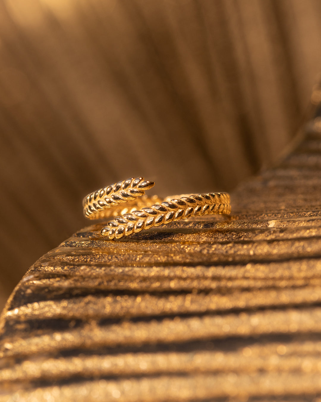 Aurea Ring by O Collection — 14k gold wrap ring inspired by Roman laurel wreaths, textured leaf design, Mediterranean heritage jewelry