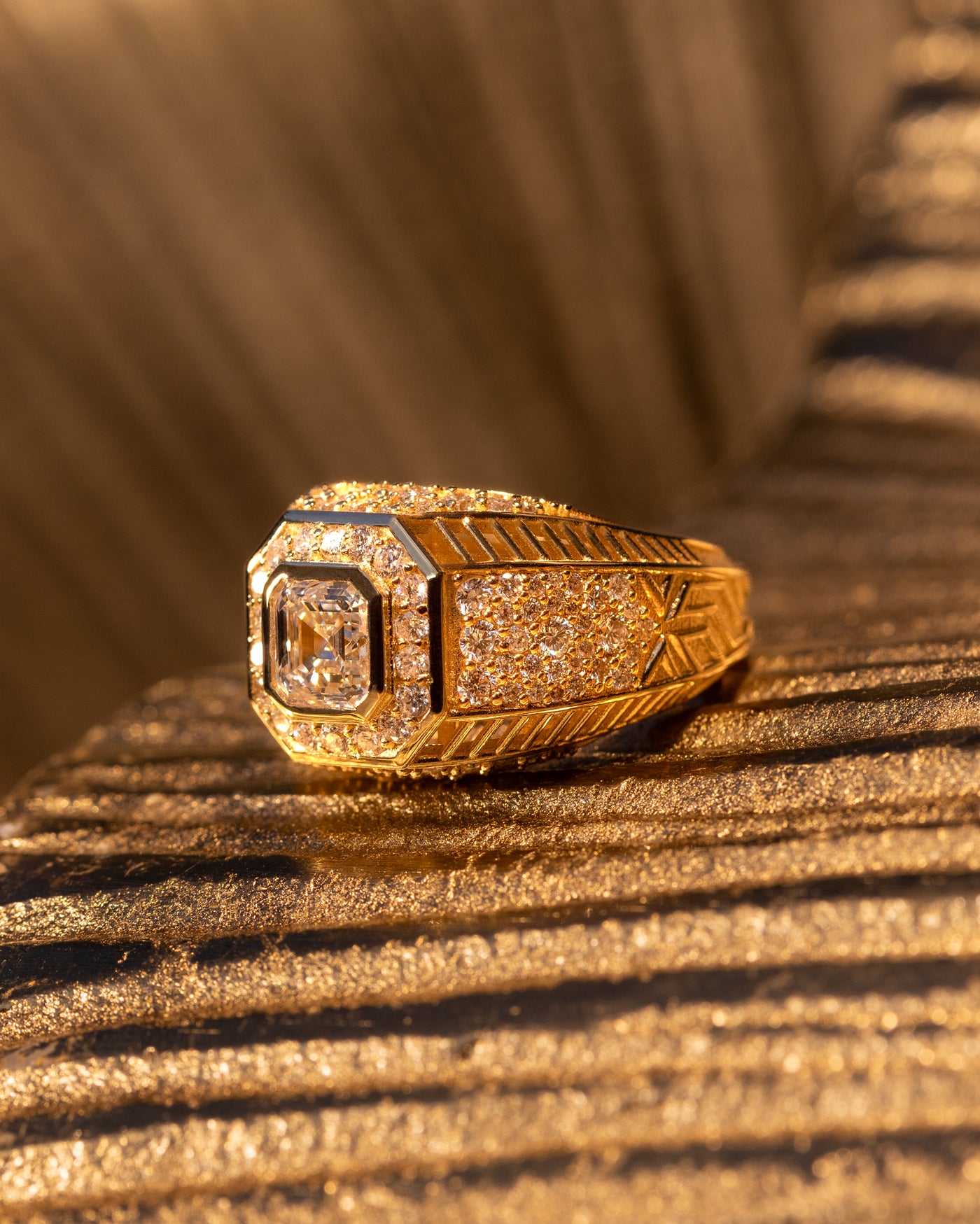 Imperium Ring by O Collection — 14k gold pavé signet ring with IGI certified lab-grown VS diamond, bold architectural fine jewelry design