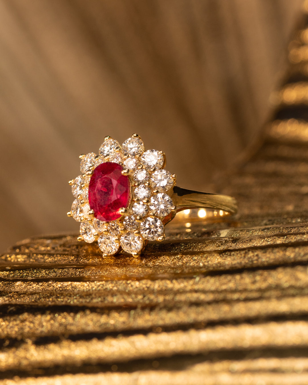 “Rosetta Ring by O Collection — 14k gold ring with oval ruby center and diamond halo, vintage-inspired Mediterranean fine jewelry design