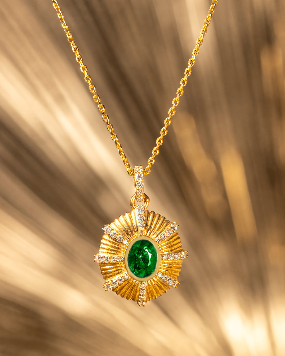 Zenia Pendant by O Collection — 14k gold sunburst necklace with customizable gemstone center and diamond details, Mediterranean fine jewelry