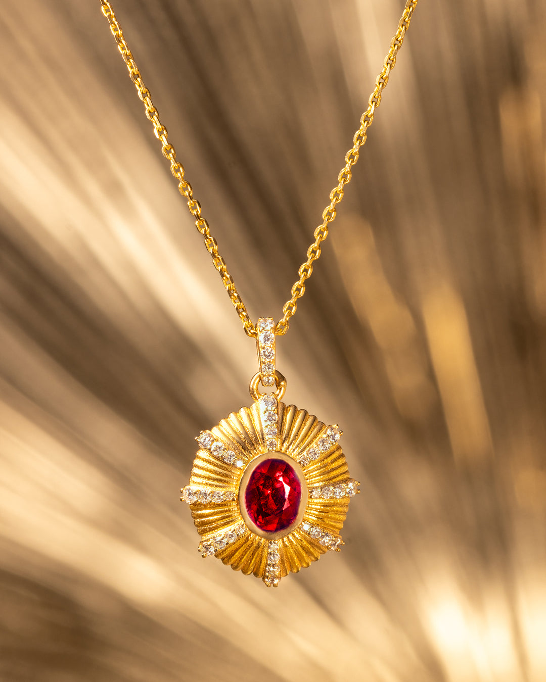 Zenia Pendant by O Collection — 14k gold sunburst necklace with customizable gemstone center and diamond details, Mediterranean fine jewelry