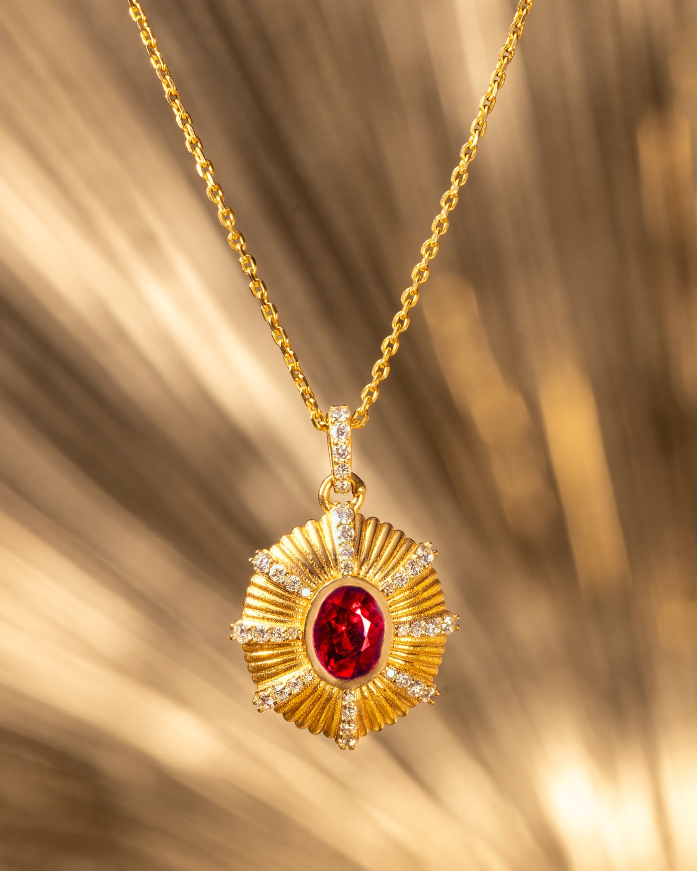 Zenia Pendant by O Collection — 14k gold sunburst necklace with customizable gemstone center and diamond details, Mediterranean fine jewelry