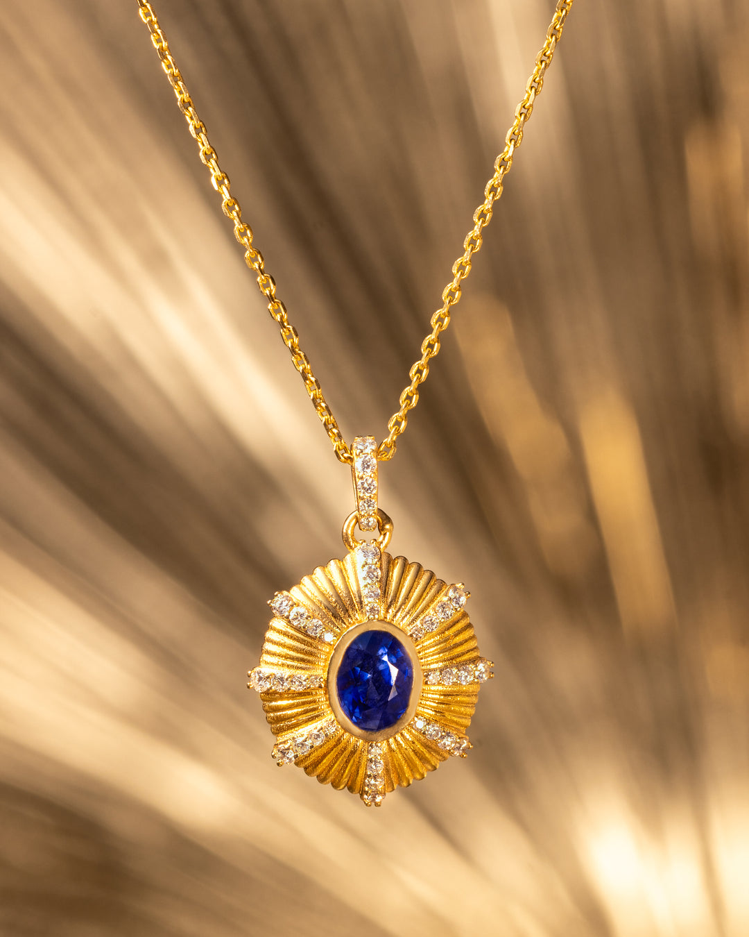 Zenia Pendant by O Collection — 14k gold sunburst necklace with customizable gemstone center and diamond details, Mediterranean fine jewelry