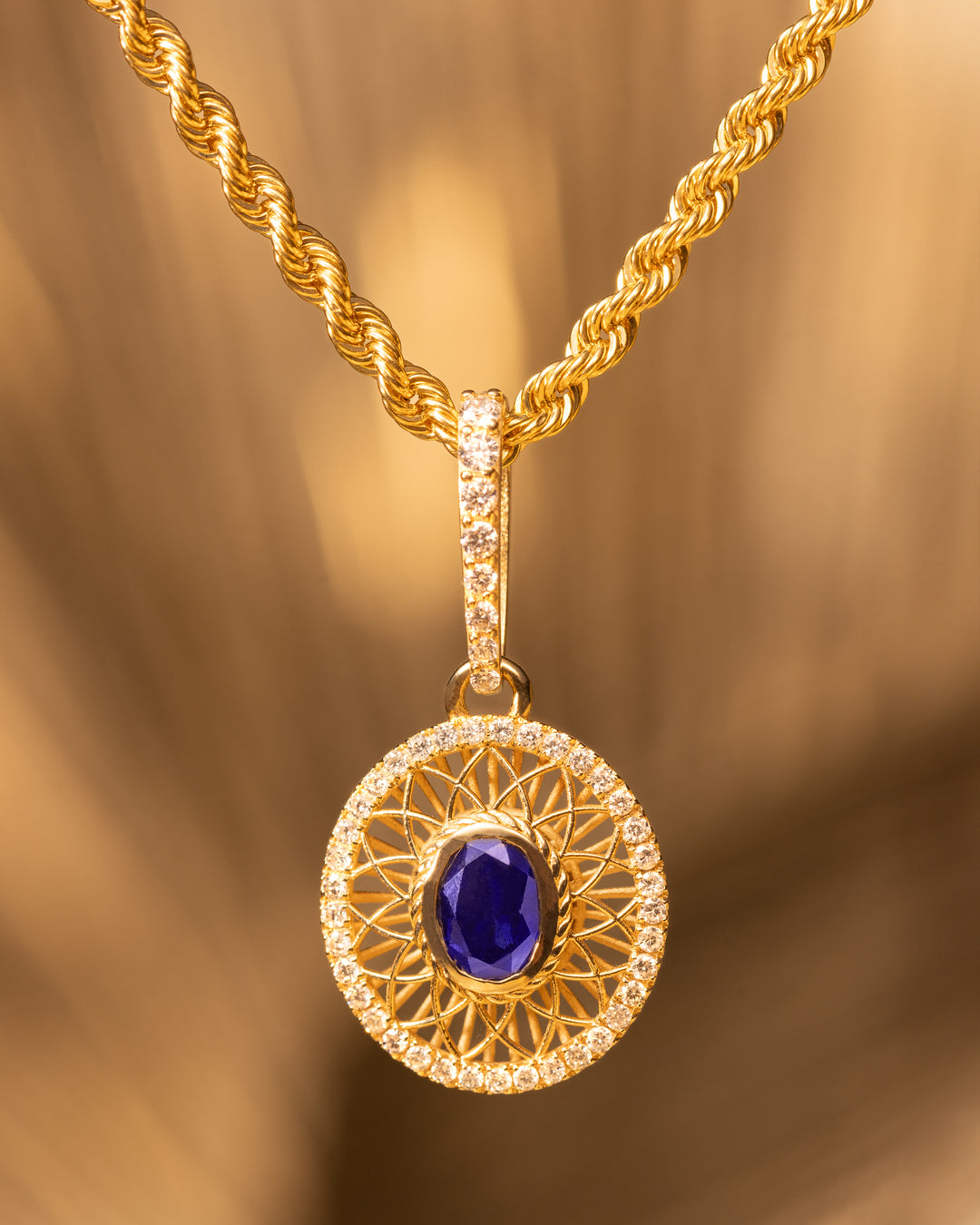 Elysian Mini Pendant by O Collection — 14k gold necklace with sapphire center, diamond halo, and filigree detail, Mediterranean-inspired fine jewelry