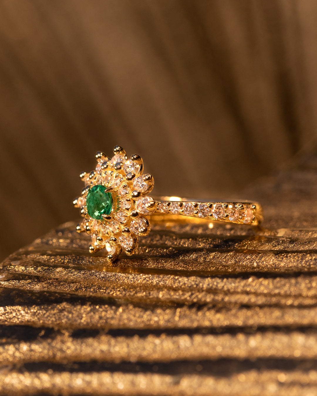 Fiore Ring by O Collection — 14k gold floral-inspired ring with emerald center and diamond halo, Mediterranean fine jewelry design