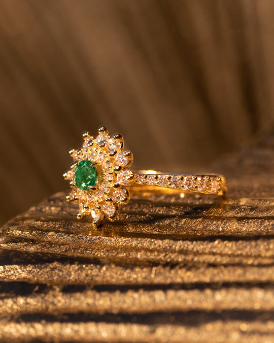 Fiore Ring by O Collection — 14k gold floral-inspired ring with emerald center and diamond halo, Mediterranean fine jewelry design