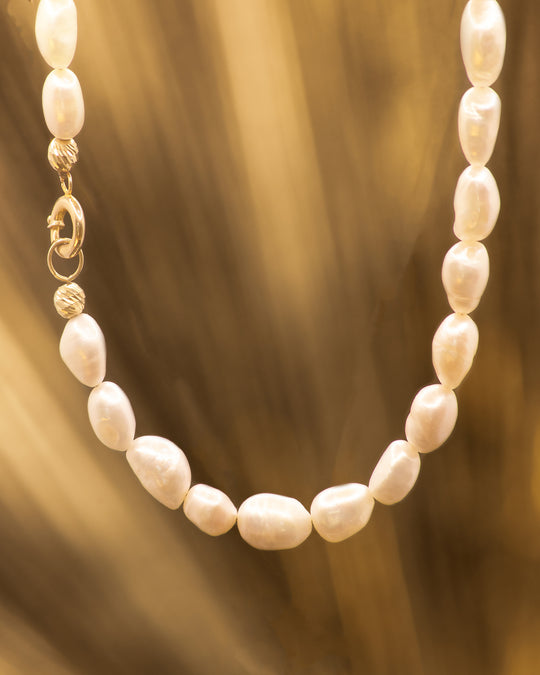 Mediterranean Pearl Necklace by O Collection — unisex freshwater pearl necklace with 14k gold findings, coastal-inspired fine jewelry
