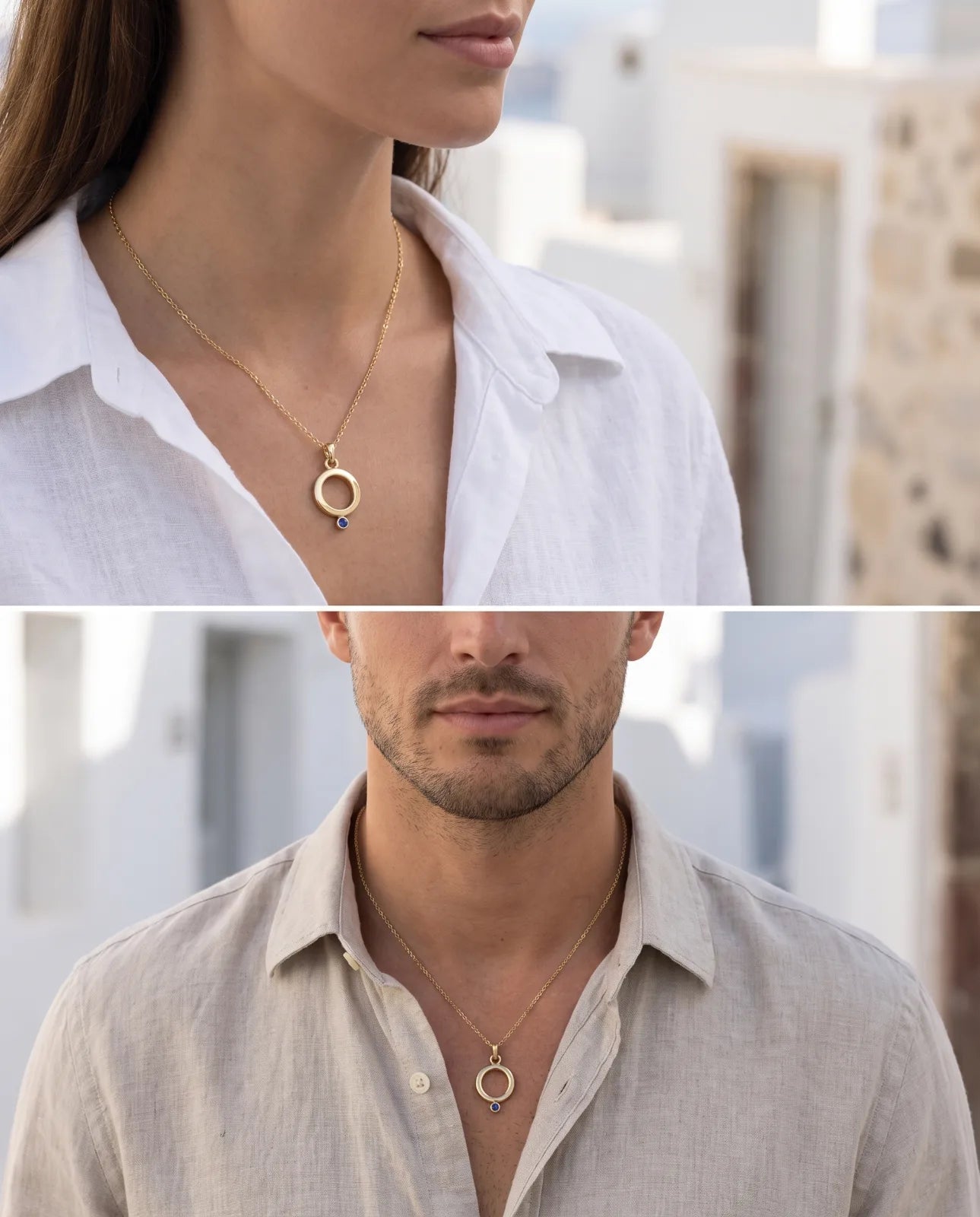 Oia Pendant in 14k yellow gold, an open circle with a bezel-set blue sapphire at its base on a fine cable chain, worn on-model in two shots — a woman in a white linen shirt and a man in a natural linen shirt.
