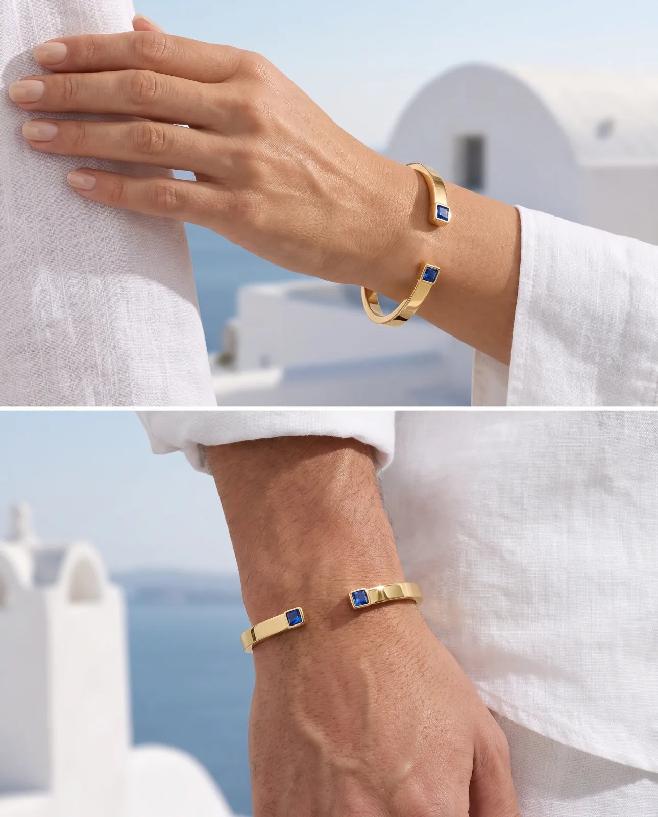 Portico Cuff in 14k yellow gold, a flat polished open cuff with a square step-cut blue sapphire set into each terminal, worn on a woman's wrist and a man's wrist in white linen against Santorini architecture