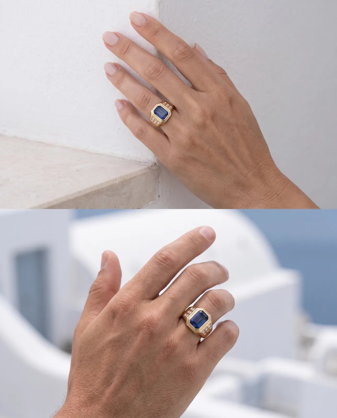 Thera Signet Ring in 14k yellow gold with an emerald-cut blue sapphire and baguette diamond shoulders, shown in two on-hand lifestyle shots against whitewashed Santorini walls and a blue-domed rooftop