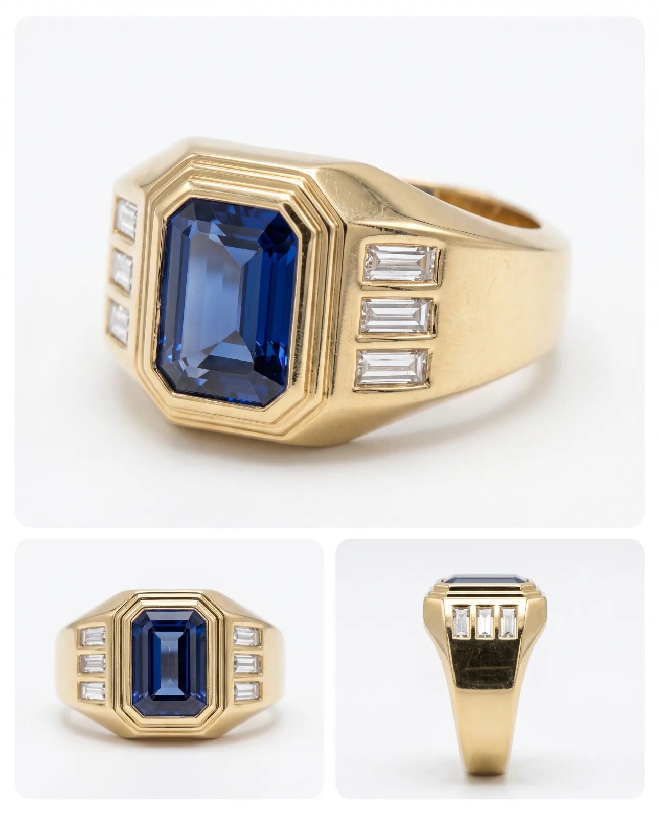 Thera Signet Ring in 14k yellow gold with an emerald-cut blue sapphire and baguette diamond shoulders, a three-panel studio layout showing angled, front and side profile views of the stepped octagonal bezel