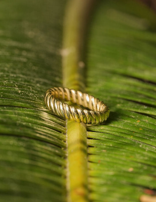 Solid 14k gold rope-style ring with twisted design, inspired by nautical themes and Mediterranean elegance.