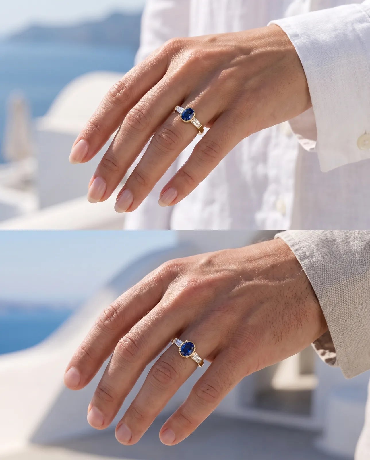 Tholos Ring in 14k yellow gold, an oval blue sapphire set east-west with a baguette diamond on each shoulder, worn on the middle finger of a woman's and a man's hand against white linen and the Aegean