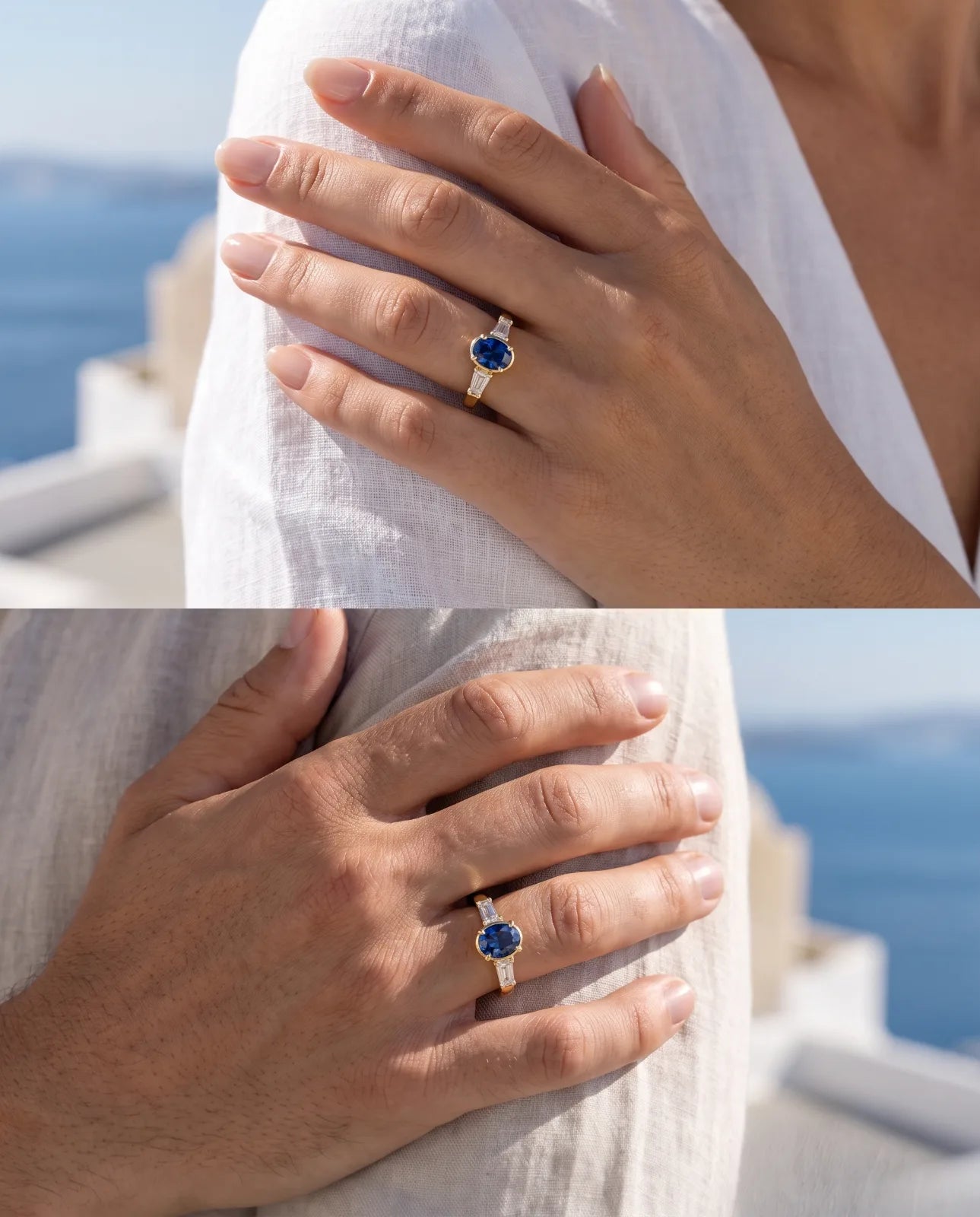 Tholos Ring in 14k yellow gold, an oval blue sapphire set east-west with a baguette diamond on each shoulder, worn on a hand resting on a linen-draped shoulder in a Santorini lifestyle scene