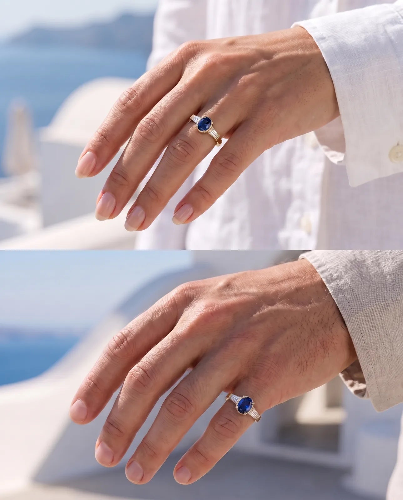 Tholos Ring in 14k yellow gold, an oval blue sapphire set east-west with a baguette diamond on each shoulder, close comparison of the ring worn on a woman's and a man's relaxed hand outdoors