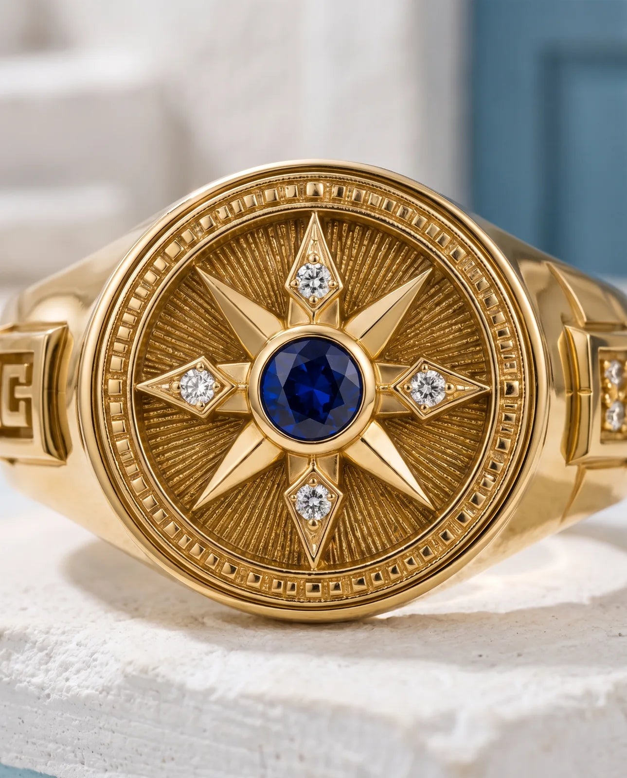 Vesper Signet in 14k yellow gold, a blue sapphire at the centre of an eight-point compass star set with four diamonds, with Greek key shoulders, in macro detail showing the radial engraving and square-block dentil border